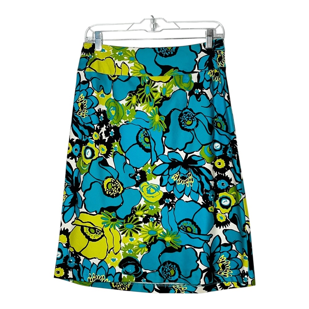 East 5th Womens Floral A-Line Skirt Turquoise Lime Green Size 6 Side‎ Zip Cotton